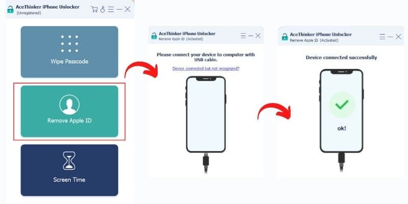 go to remove apple id mode then connect device via usb cable