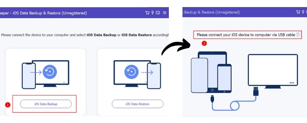choose ios data backup then connect device via usb cable
