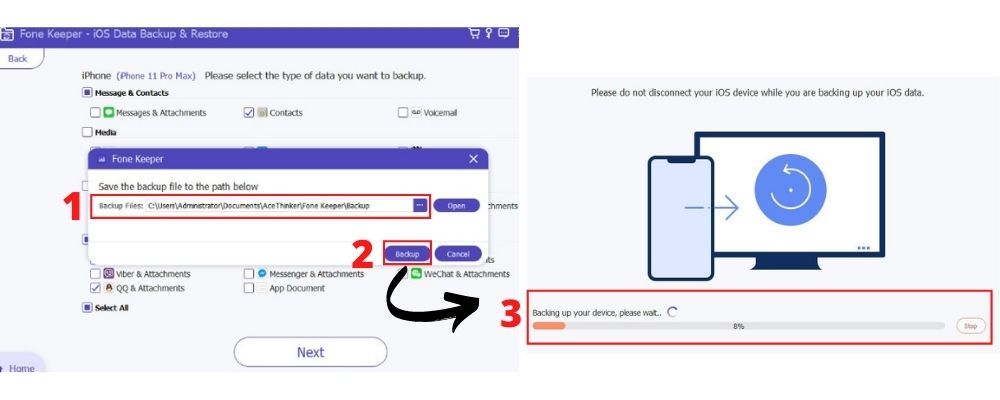 choose destination path and wait for the backup to finish
