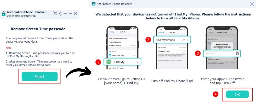 click start if find my iphone is disabled, disable it if not
