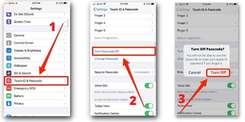 go to settings, choose touch id and passcode then turn off passcode